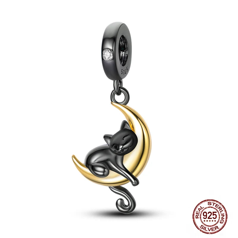 Black and gold cat on moon charm, authentic 925 sterling silver jewelry pendant for bracelets, perfect pet lover gift.