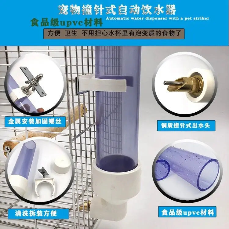 Large automatic parrot water dispenser, food-grade uPVC, needle feeder for hygienic, mess-free hydration in bird cages.