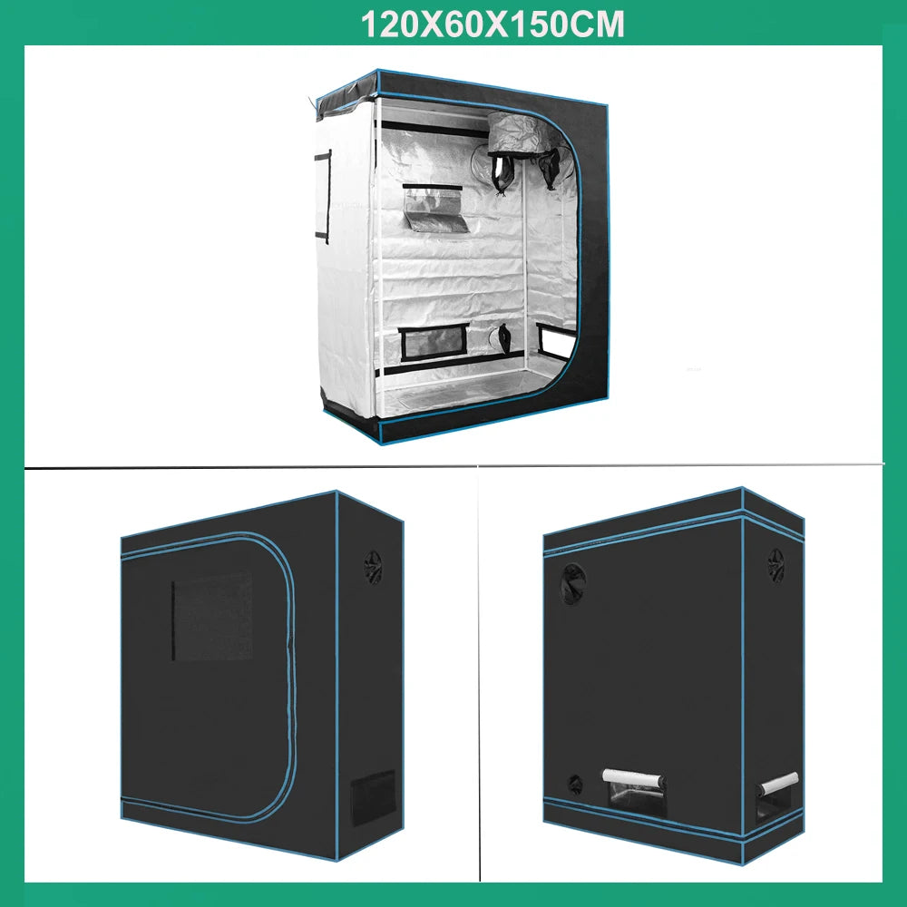 Grow tent set with dark frame and white liner, interior and closed cabinet views