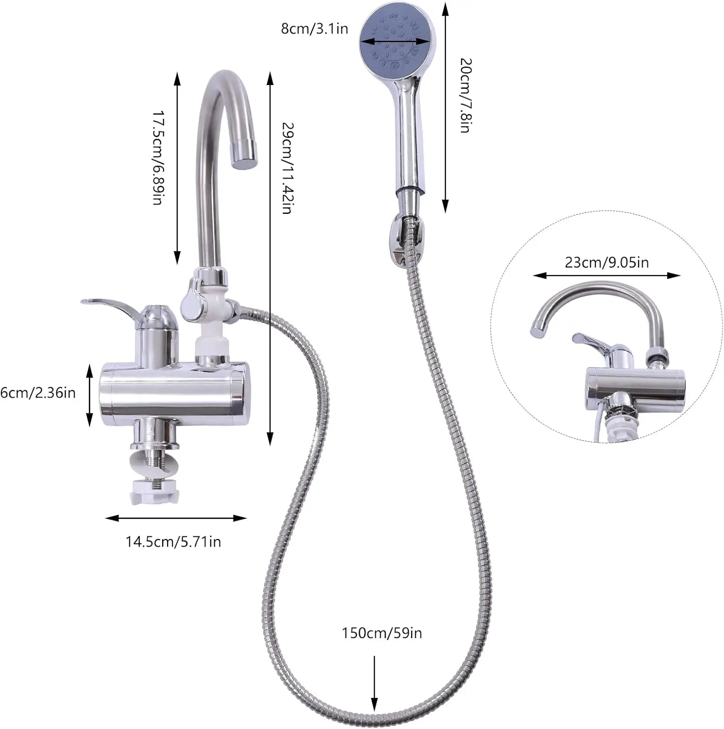 Electric Faucet, Stainless Steel Quick Heating 3000W, Kitchen Faucets with LCD Temperature Display, IPX4 Waterproof, Water Flow Control, EU Standard