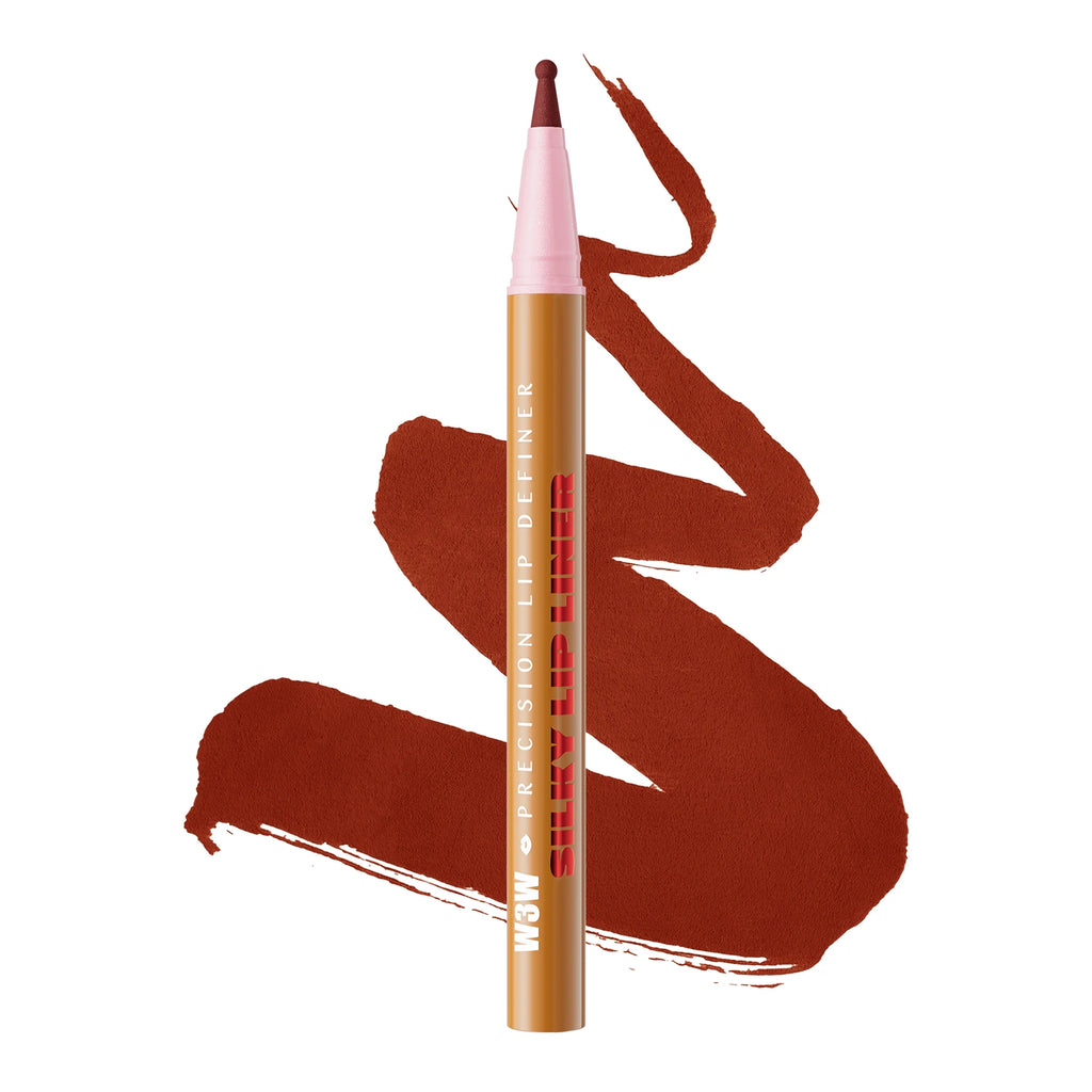 Waterproof liquid matte lip liner pencil in deep brown shade with a silky smooth swatch for precise lip outlining.