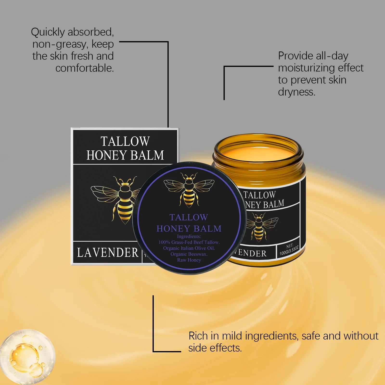 Beef Tallow Honey Cream Moisturizing Firming Soft Smoothing Skin Soothing Reduce Redness Hydrating Nourishing Tallow Honey Balm