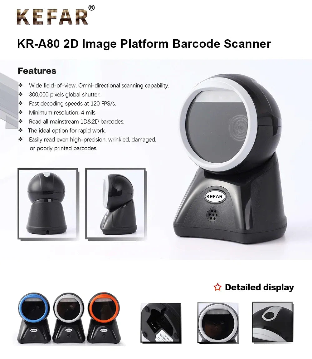 KEFAR KR-A80 2D image platform barcode scanner with top view and accessory angles