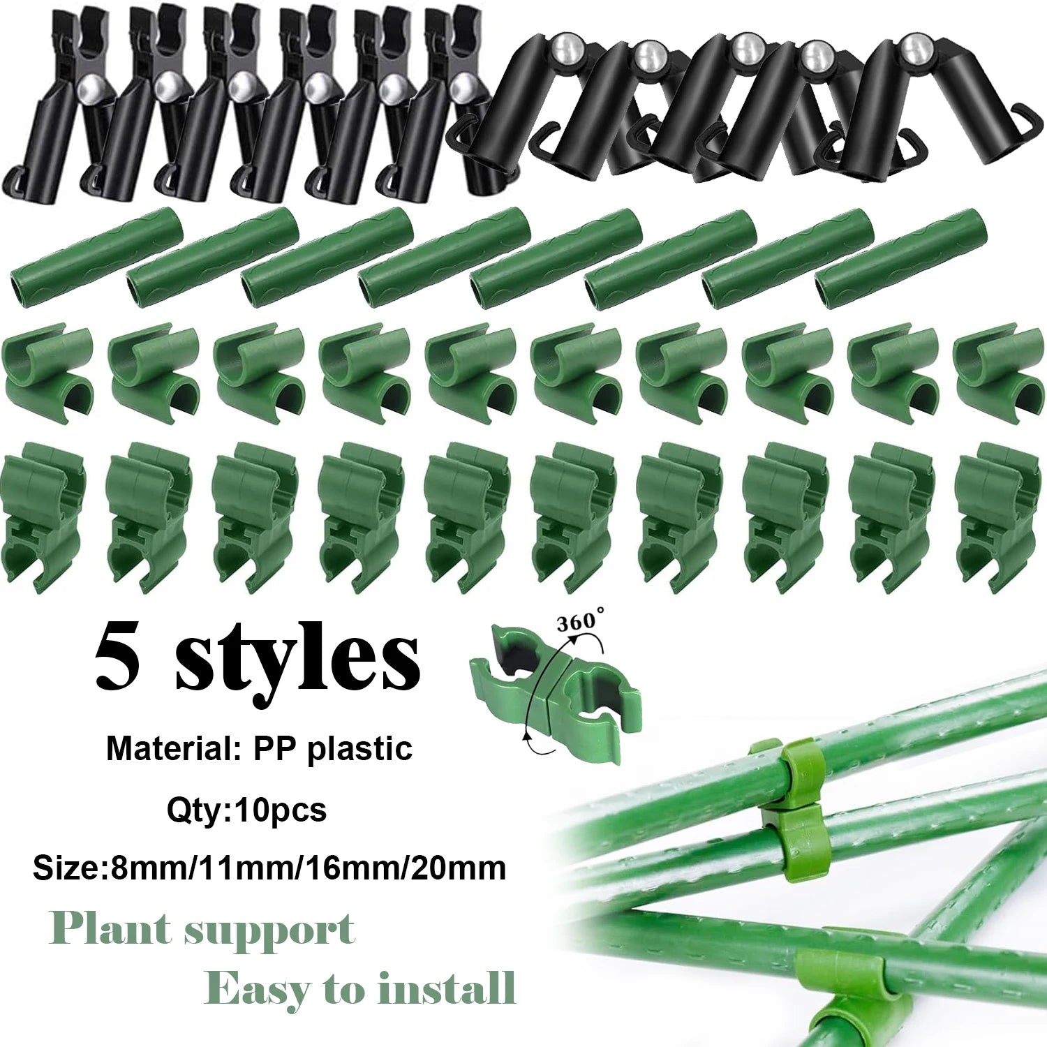 Plant support plastic clips with silver balls and green tubes, 10-pack, adjustable fasteners