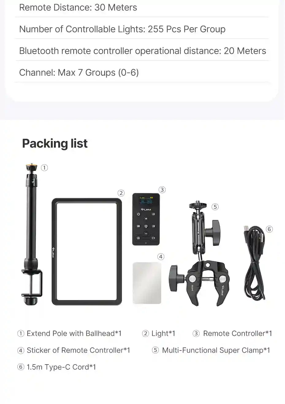 LED light kit including a black panel light, extendable pole, super clamp, remote control, and USB-C cable.