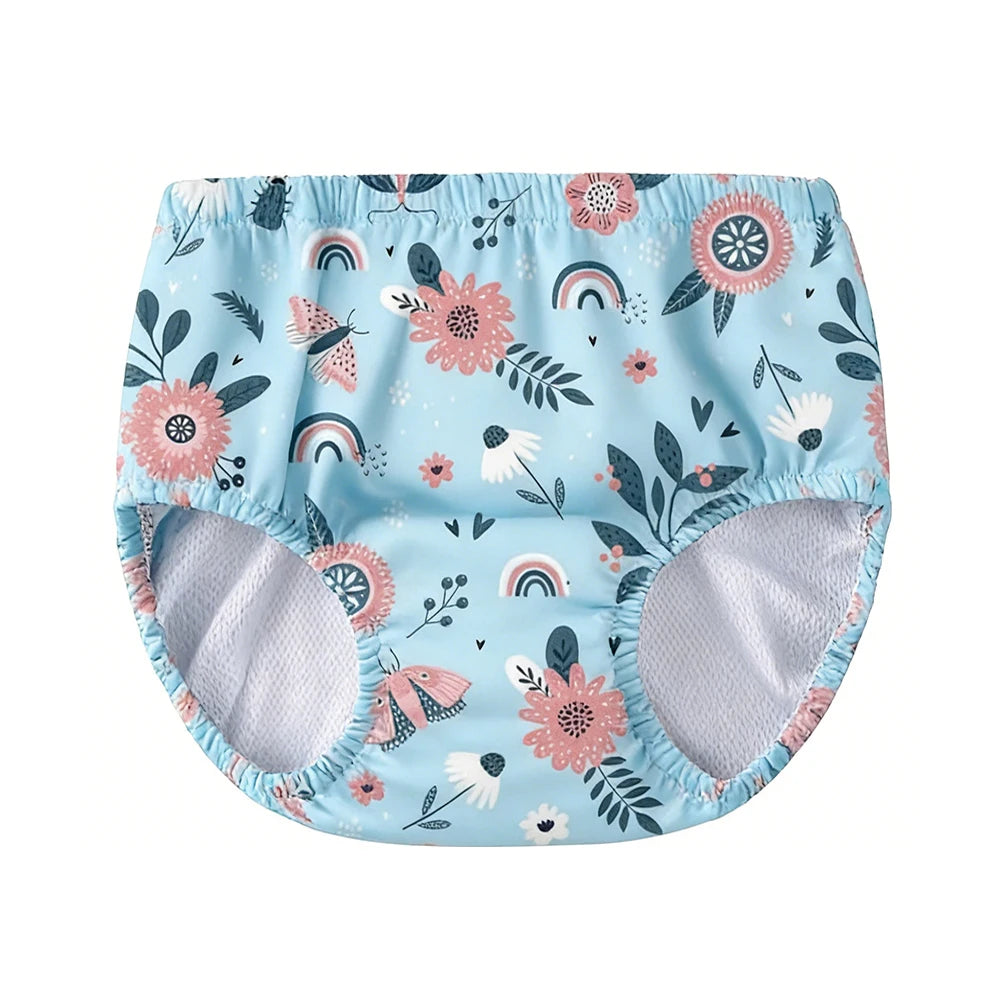 Baby swim diaper with blue floral, rainbow, and moth pattern. Reusable baby care swimwear for infants.