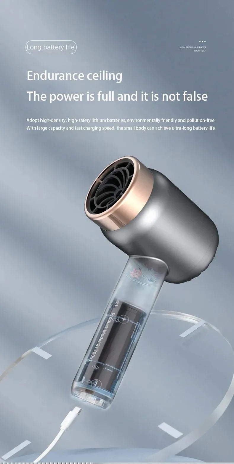 Portable grey and rose gold USB rechargeable hair dryer with visible battery design for quick-dry travel styling.