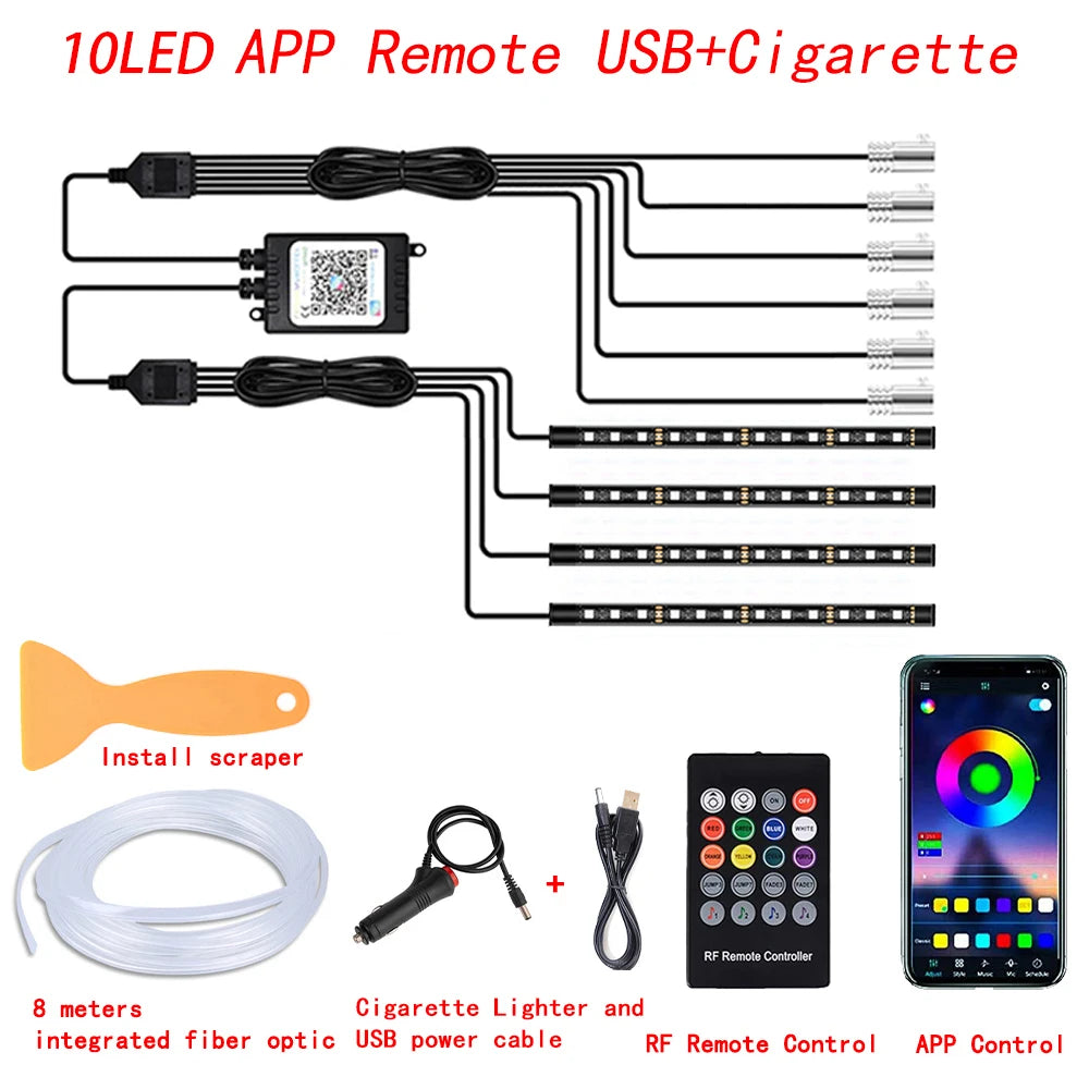 LED Car Interior Ambient Lighting Kit with RGB Smartphone Control 10 in 1 8m Pro Tidesmit