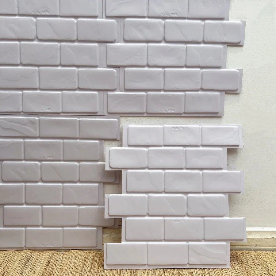 Peel-and-stick brick-style backsplash tiles, raised white rectangular pattern