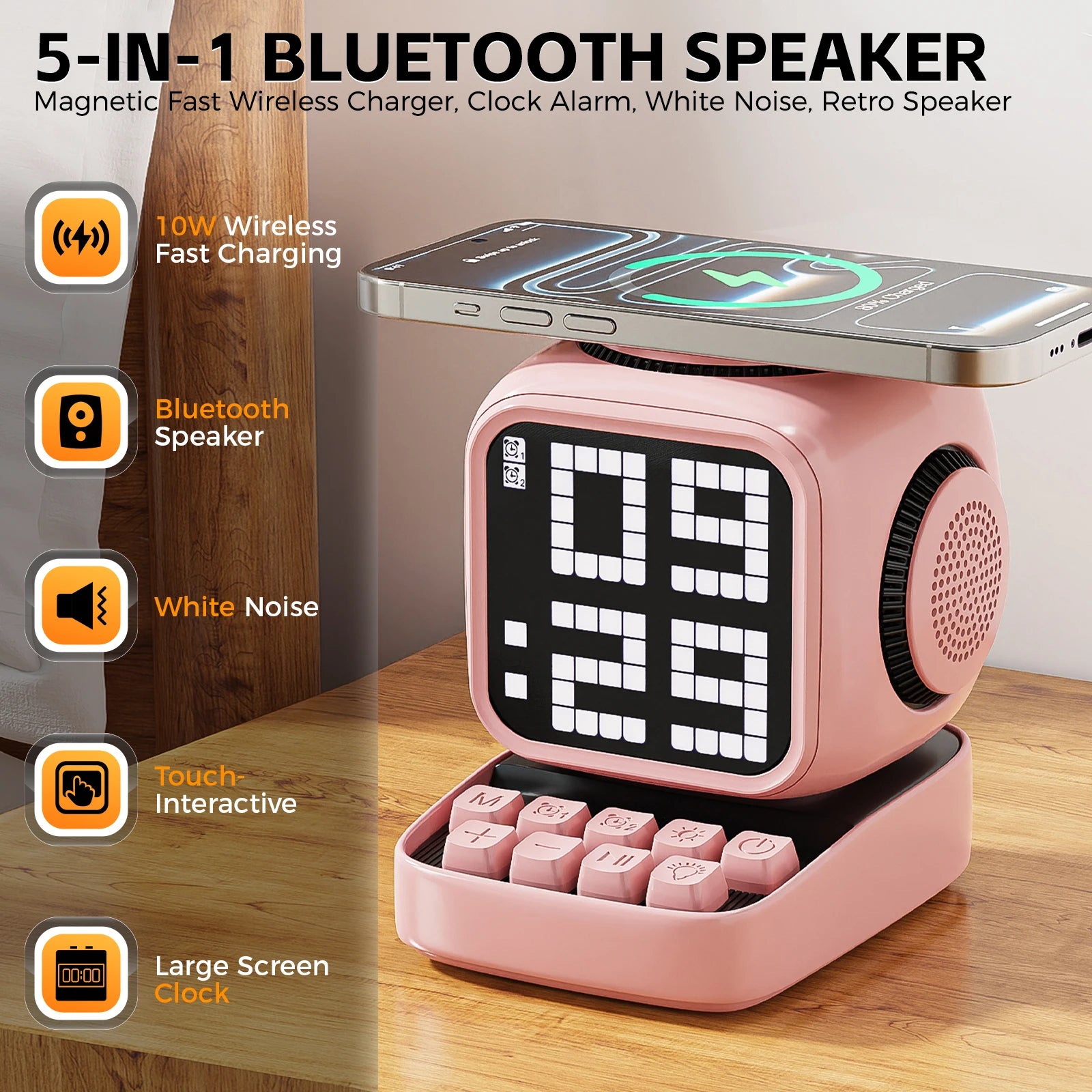 Portable Bluetooth Speaker with LED Alarm Clock and Wireless Charger Tidesmit
