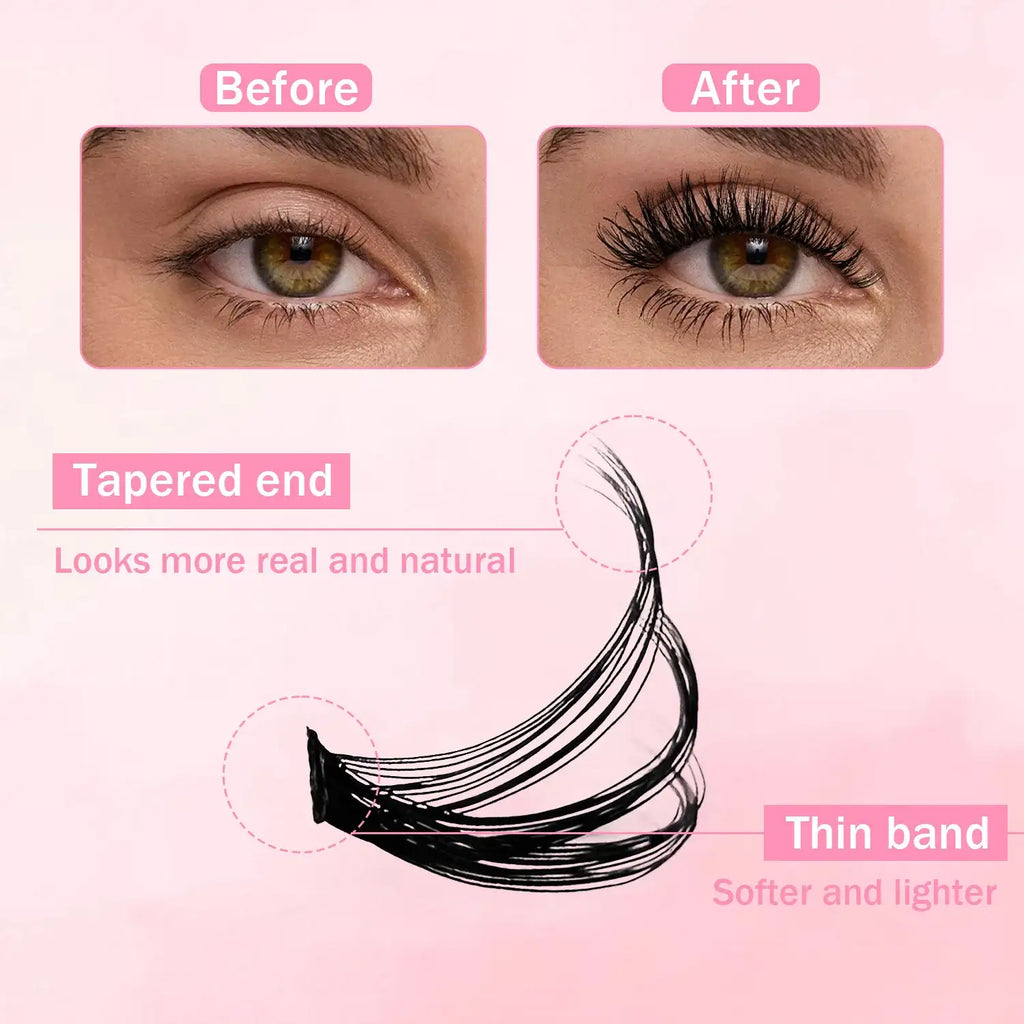 Before and after comparison of DIY lash clusters featuring tapered ends and thin bands for a natural look.