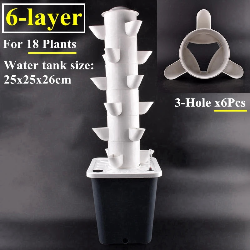 Vertical hydroponic planter tower kit with 6 layers and 3-hole inserts, white