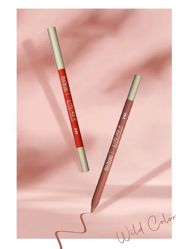 Face Secret waterproof matte lip liner pens in red and nude shades, long-lasting velvet finish makeup pencils.