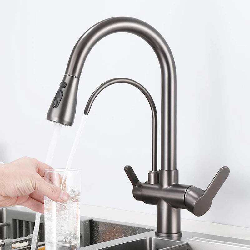 White Hot Cold Filter Kitchen Sink Faucets 3 Ways Pure Water Pull Out Kitchen Sink Mixer Tap Brass Filter Kitchen Sink Faucet