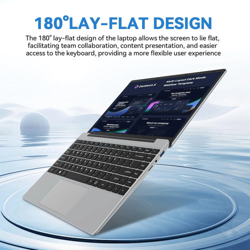 Silver 14.1-inch laptop with a 180-degree lay-flat hinge, black keyboard, large trackpad, and USB port on side.