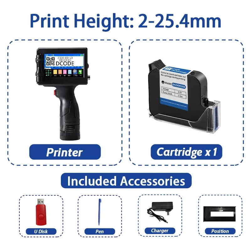 Handheld inkjet date coding printer with screen, plus cartridge x1 and stand accessories