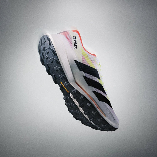 Adidas Terrex Agravic Speed 2 trail running sneakers, white mesh upper with black stripes and Continental lugged sole.