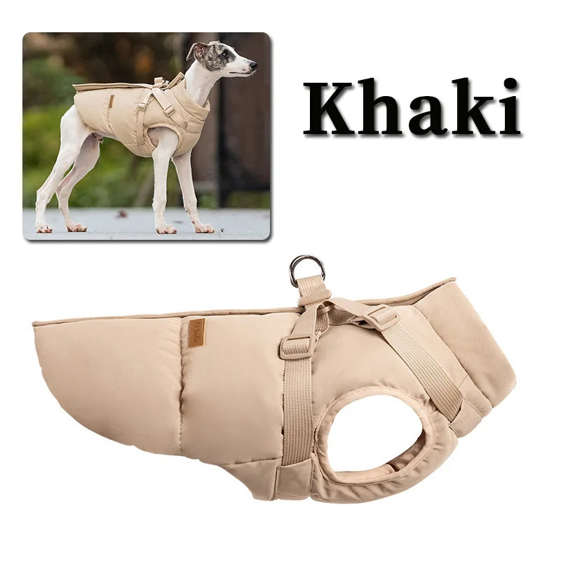 Khaki warm cotton-padded dog jacket with harness for winter, perfect for small to medium dogs outdoor walks.