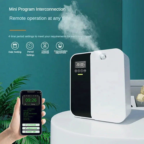 1000m³ Aroma Diffuser Machine, wall mounted waterless diffuser with Bluetooth app control, side angle view.