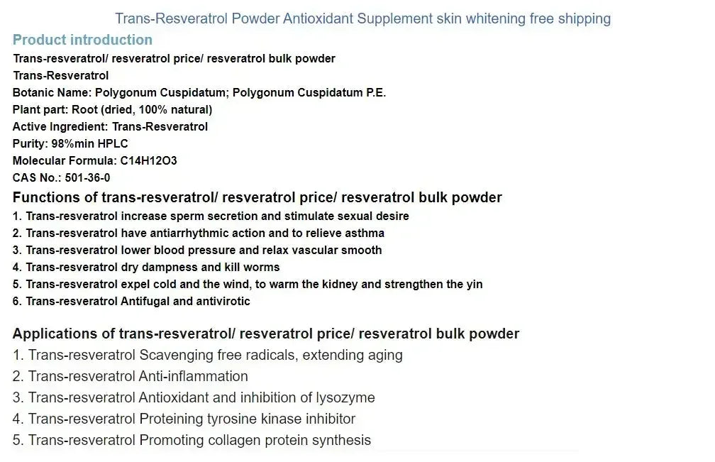Trans-resveratrol Powder Antioxidant Supplement Skin Whitening Anti-cancer Nmn Anti-wrinkle Cosmetic Materials