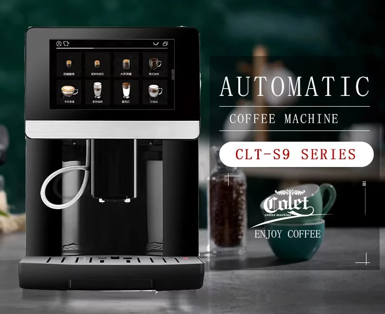 Colet CLT-S9 automatic coffee machine in black with silver accents, featuring a large touchscreen digital display.