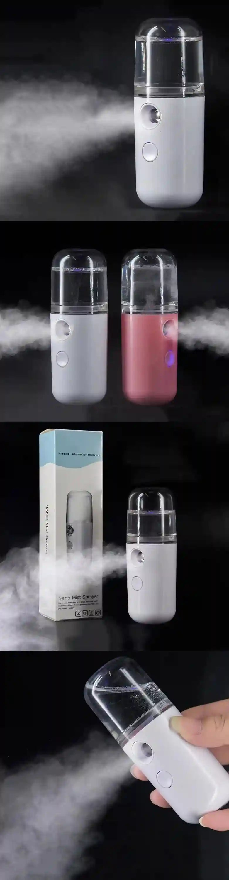 Portable nano facial mister sprayer emitting hydrating mist for eyelash care and skin moisturizing in white and pink.