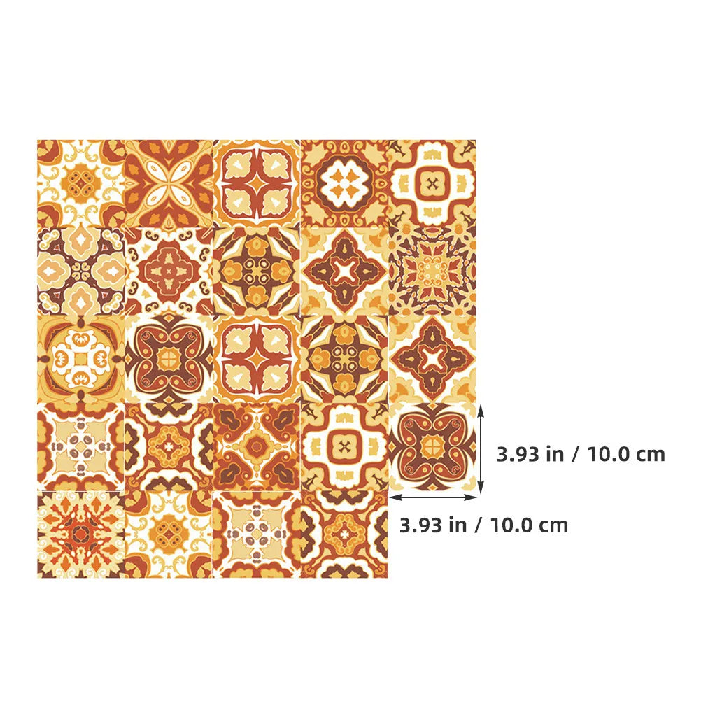 10x10 cm square mosaic tile sticker sheet with orange and cream vintage geometric pattern