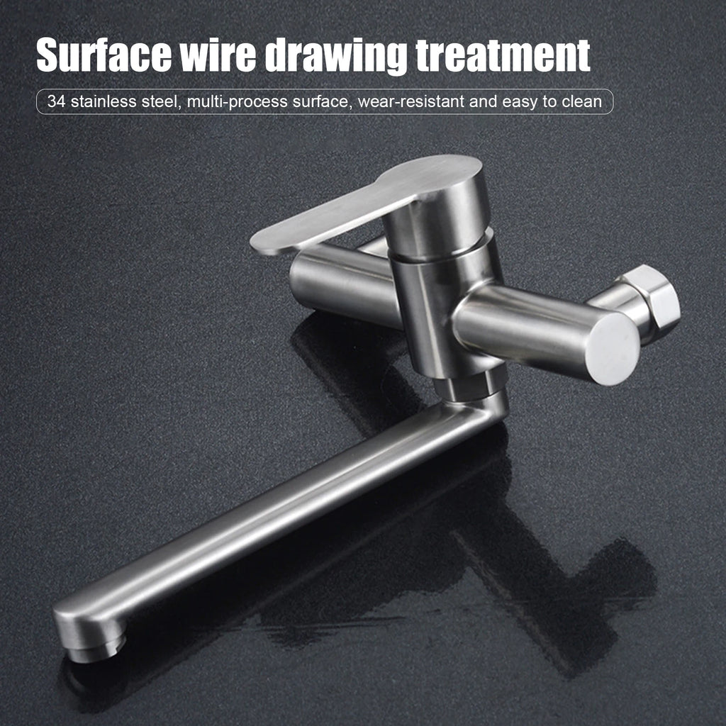 Silver Wall-Mounted Stainless Steel Rotatable Kitchen Faucet 360° Single Handle Hot and Cold Water Faucet For Both Homes Etc