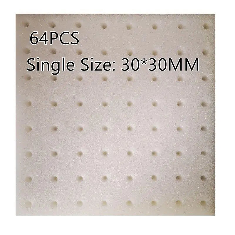 Perforated white sponge growing pads, 64-count style grid for hydroponic tower cups