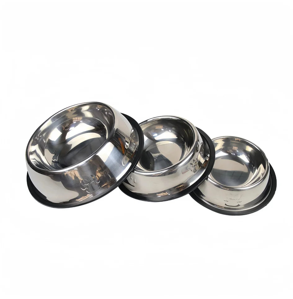 Durable stainless steel dog and cat feeding bowls in various sizes. Easy to clean metal food and water dishes.