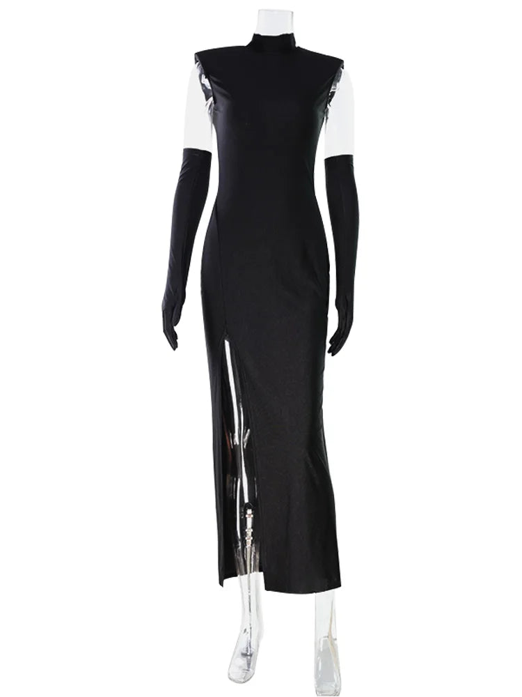 Ahagaga Fashion Women's Maxi Dress With Scarf Half Turtleneck Solid Sheath Bodycon High Split Party Eelgant Trend Vestidos Robes