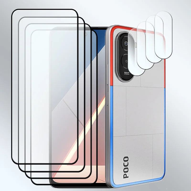 4+4 Tempered Glass For Xiaomi POCO M7 4G M7plus Screen Protector Shockproof Full glue + M7 4G Soft Camera lens film AE Tidesmit