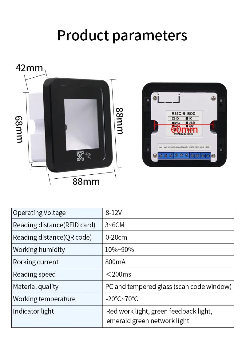 QR RFID reader dimensions diagram and operating parameters chart