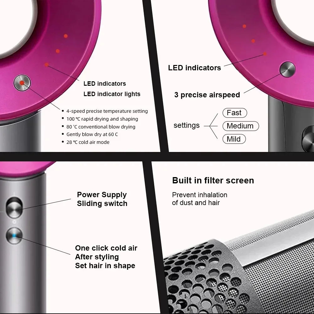 Pink leafless negative ion hair dryer with LED heat/speed settings, cold air button, and built-in dust filter.