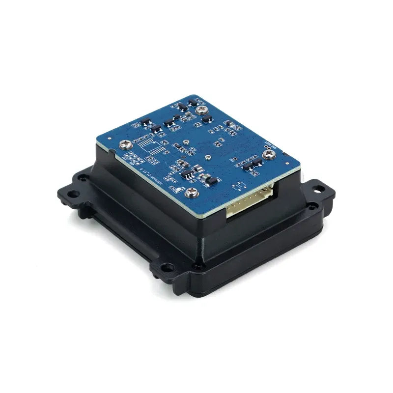 Barcode scanner PCB module with blue board and connector pins inside a black plastic housing