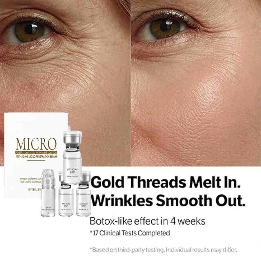 Before-and-after close-up of skin under the eye with bottles of anti-aging collagen essence and product packaging.