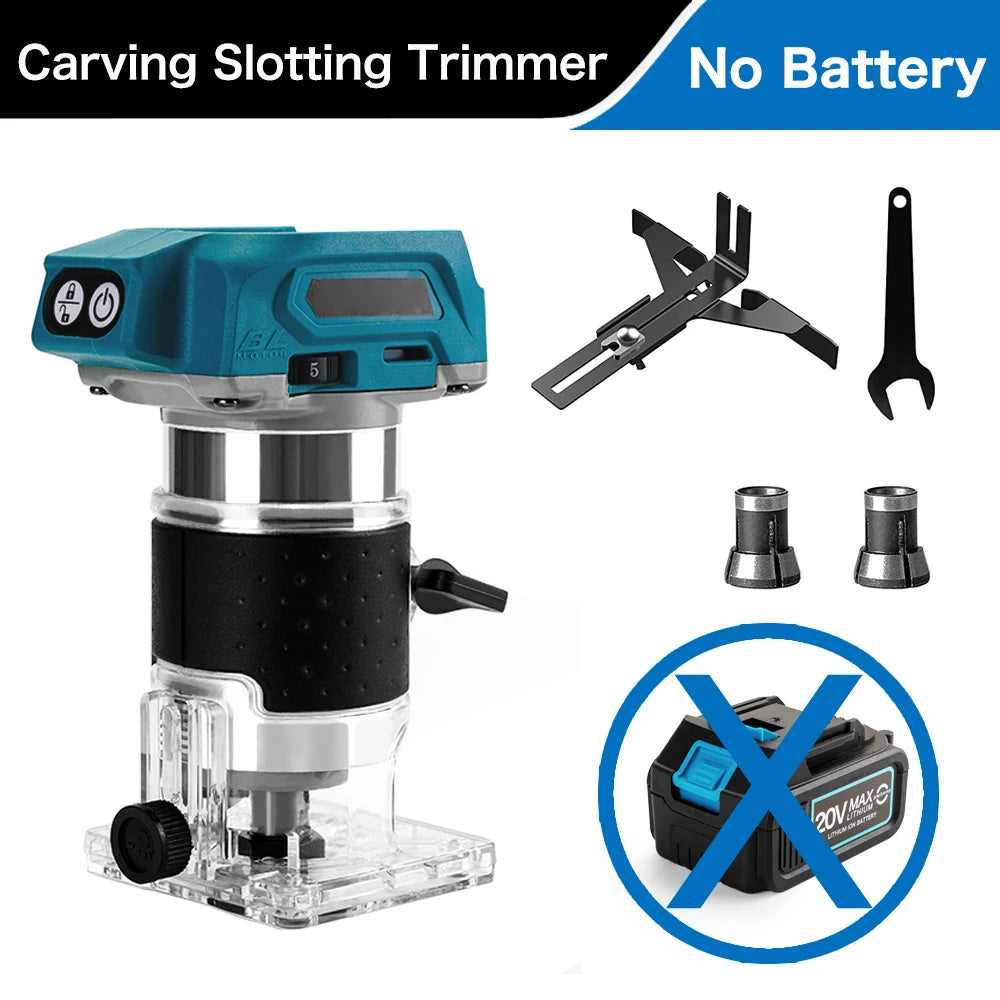 Electric wood trimmer router with clear base, teal body and two cutters; no battery