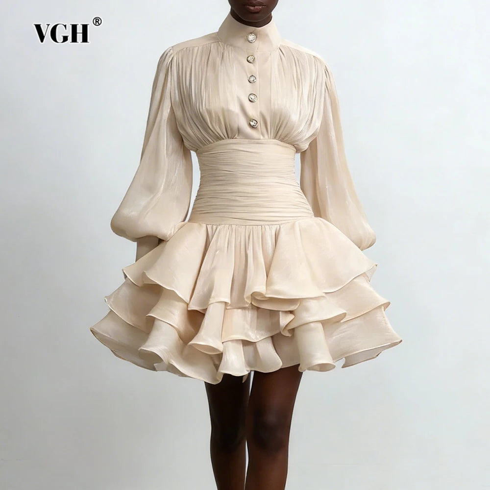 VGH Beach Style Solid Casual Short Dresses For Women Stand Collar Long Sleeve High Waist Spliced Button Chic Dress Female New