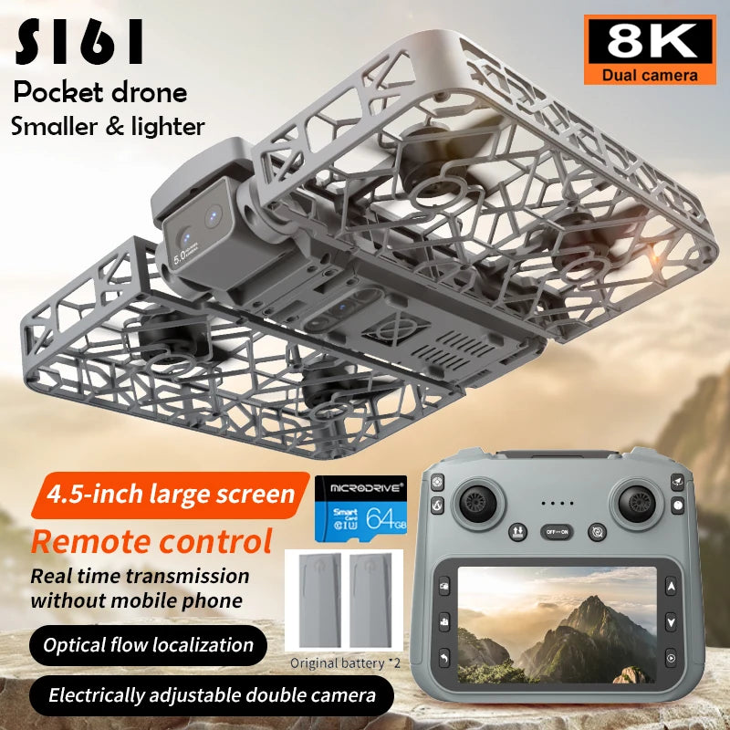 S161 gray foldable pocket drone with protective cage, 8K dual camera, and remote controller with built-in screen.