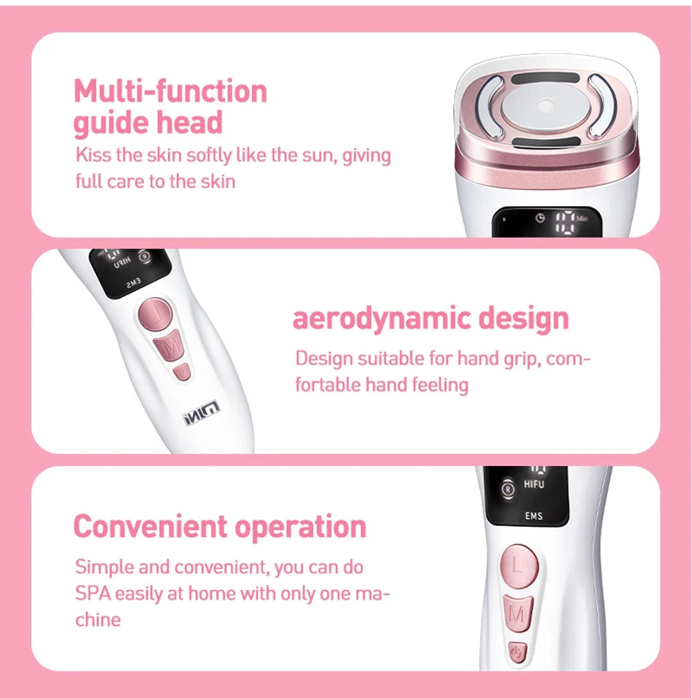 White and rose gold handheld HIFU facial device showing the treatment head, ergonomic handle, and control buttons.