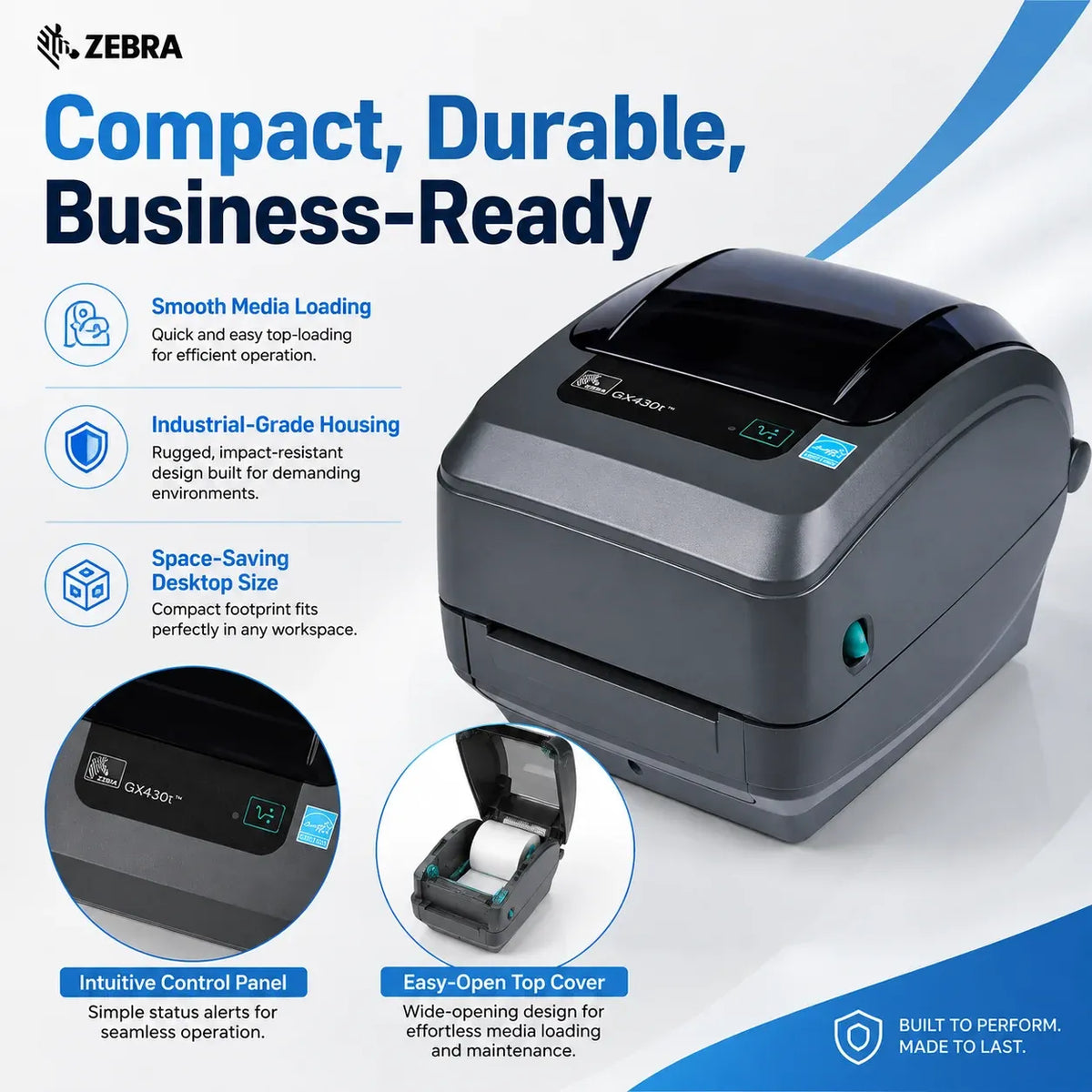 Zebra GX430T compact desktop label printer with glossy lid and front indicator light