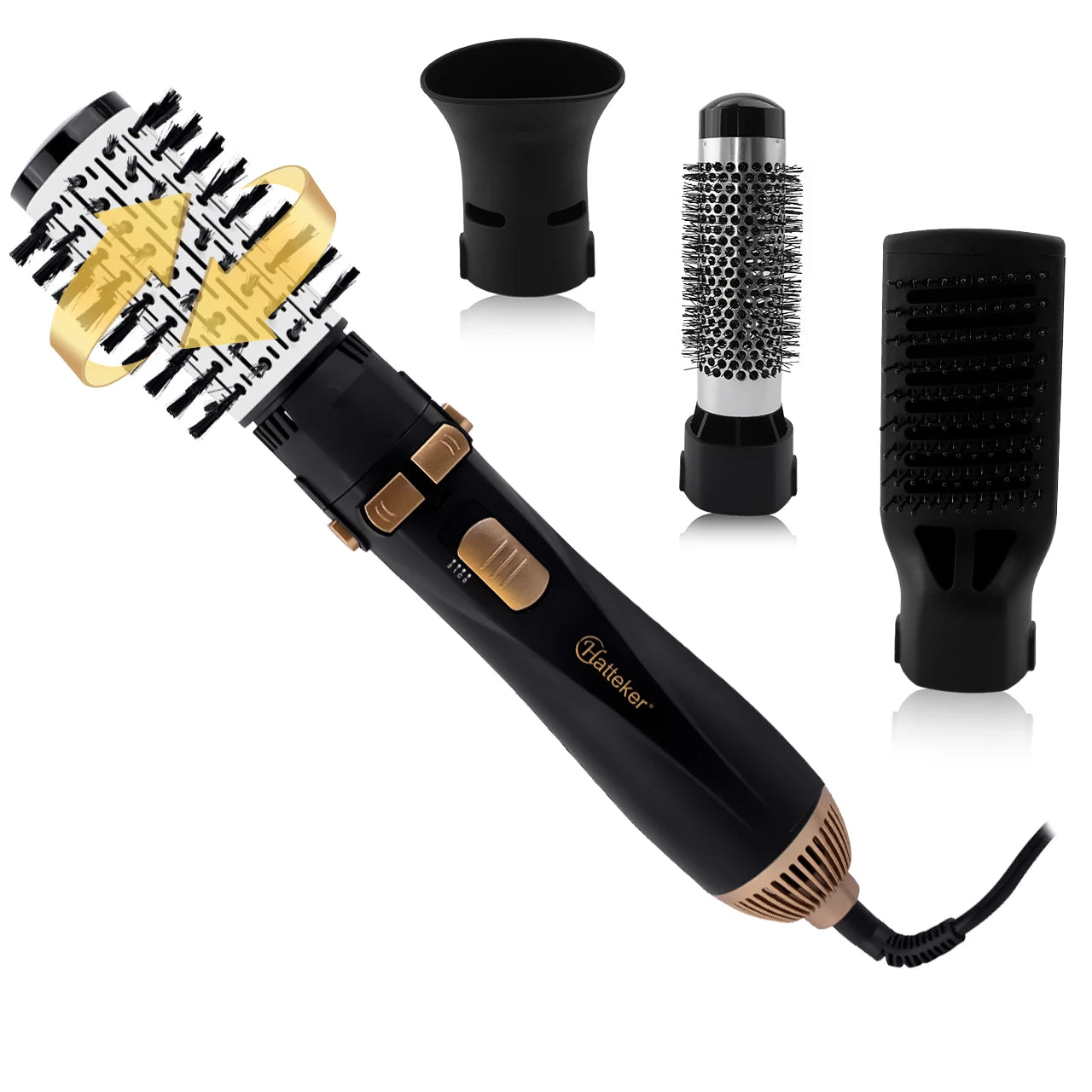 Hatteker 4-in-1 hot air brush set, black and gold styling tool with dryer, curler, and straightener attachments.