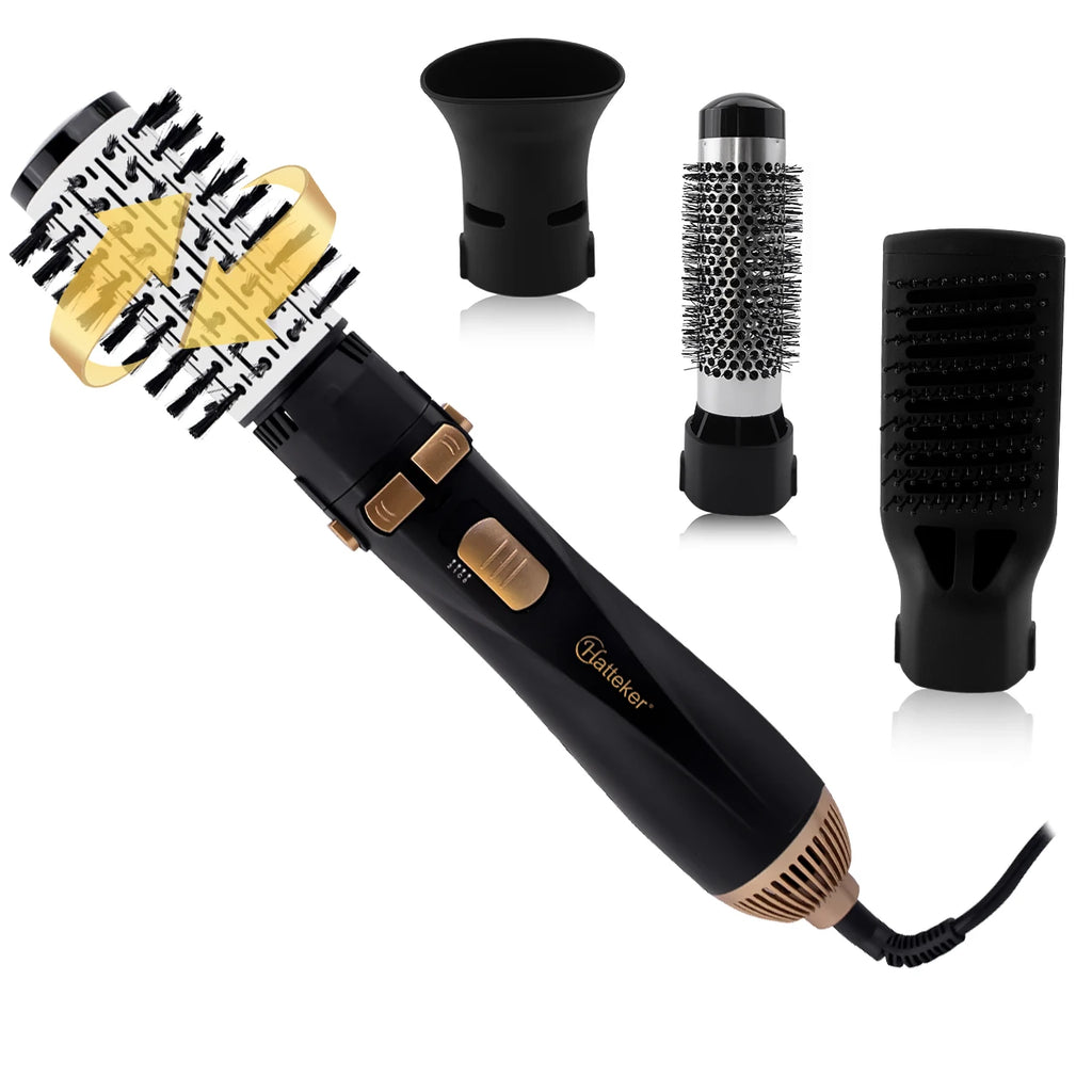 Hatteker 4-in-1 black and gold hot air brush hair dryer set with interchangeable styling attachments for salon results.