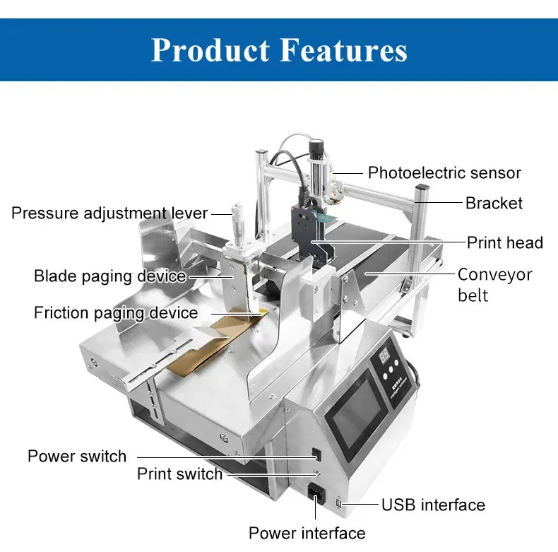 Barcode printer overview showing print head, conveyor belt, sensors, and switches