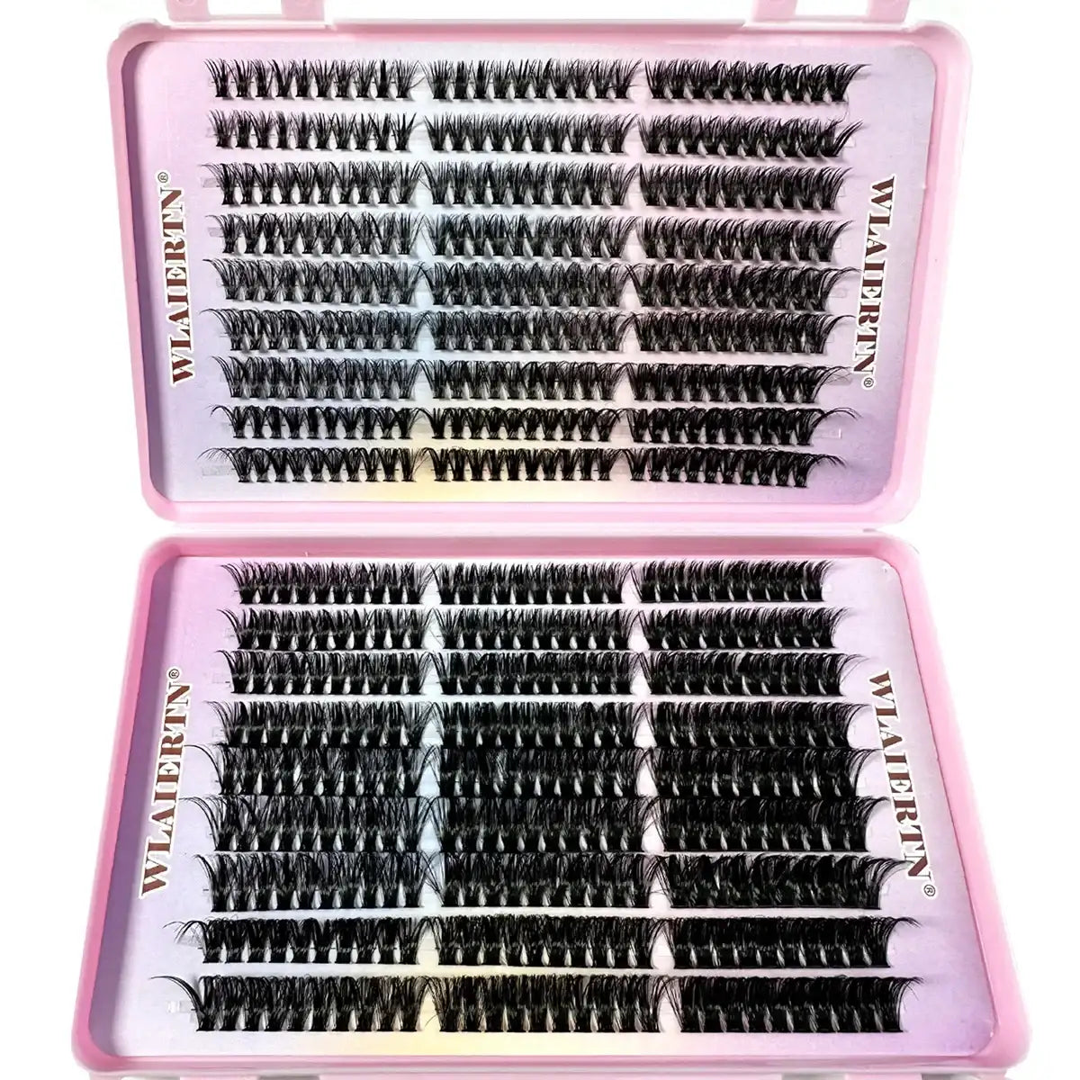 Pink plastic case filled with rows of black individual cluster false eyelashes for eye makeup application.
