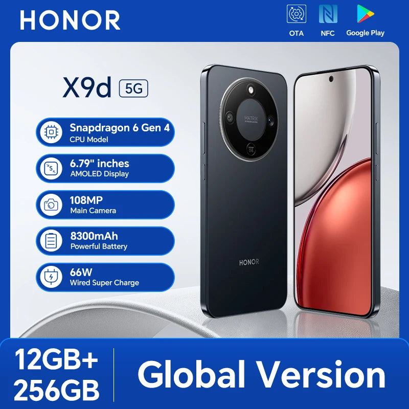 HONOR X9d 5G smartphone, black, 12GB+256GB, 6.79" AMOLED, 108MP camera, 8300mAh battery, 66W charging, front and back.