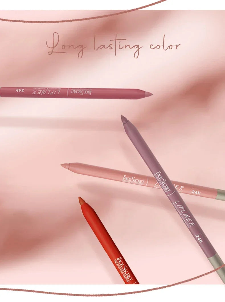 Face Secret waterproof matte lip liner pencils in assorted red and nude shades for long-lasting velvet lip makeup.