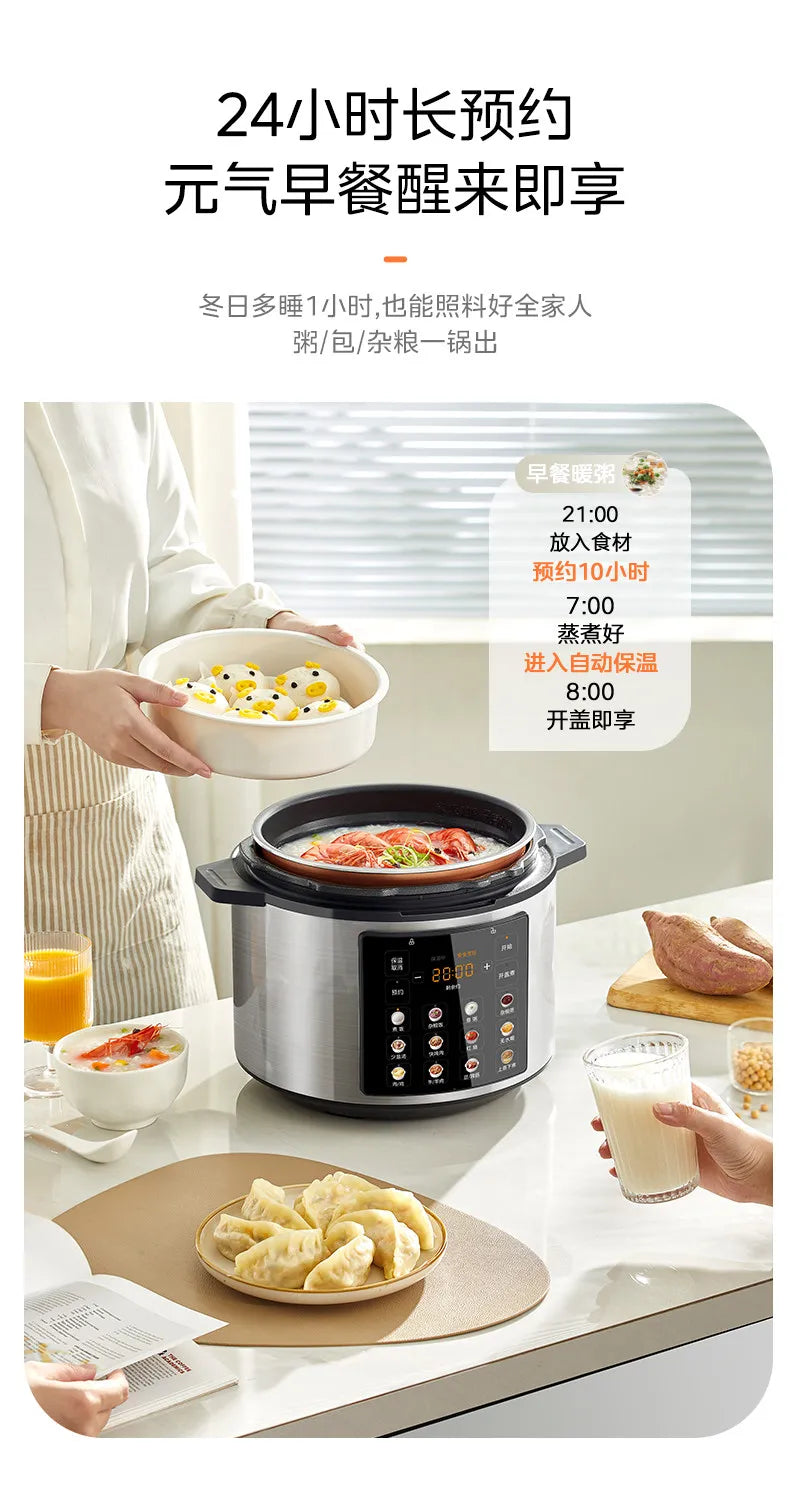 Electric pressure cooker on countertop with bowl of food, digital control display.
