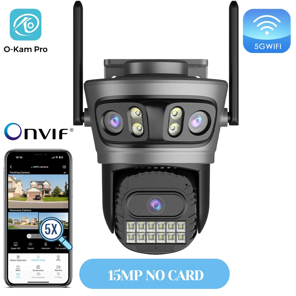 PTZ outdoor security 5G WiFi camera with dual antennas, matte black, quad-lens front, no card.