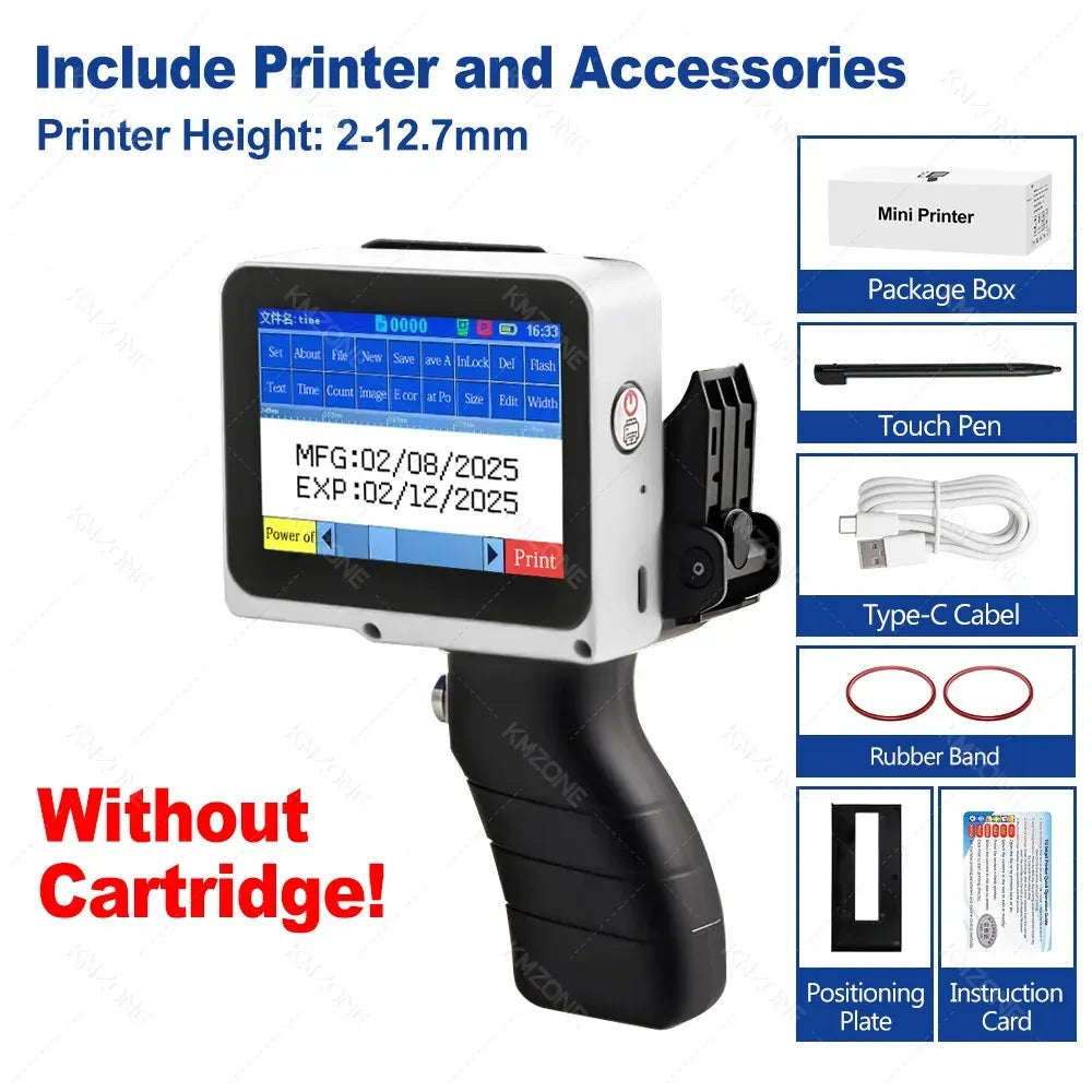 Mini handheld inkjet printer with included accessories, no cartridge shown